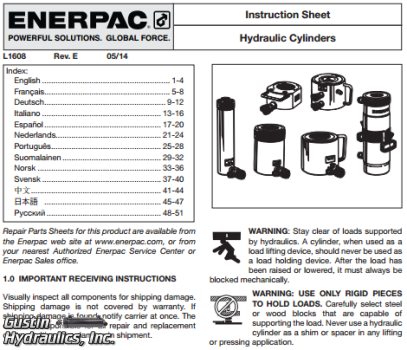 Enerpac Hydraulic Cylinders Instruction Sheet | Gustin Hydraulics